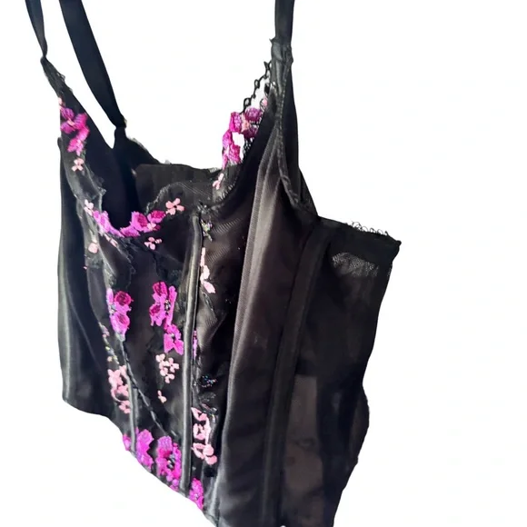 Black Bustier with Pink Floral Embroidery - Picture 2 of 2